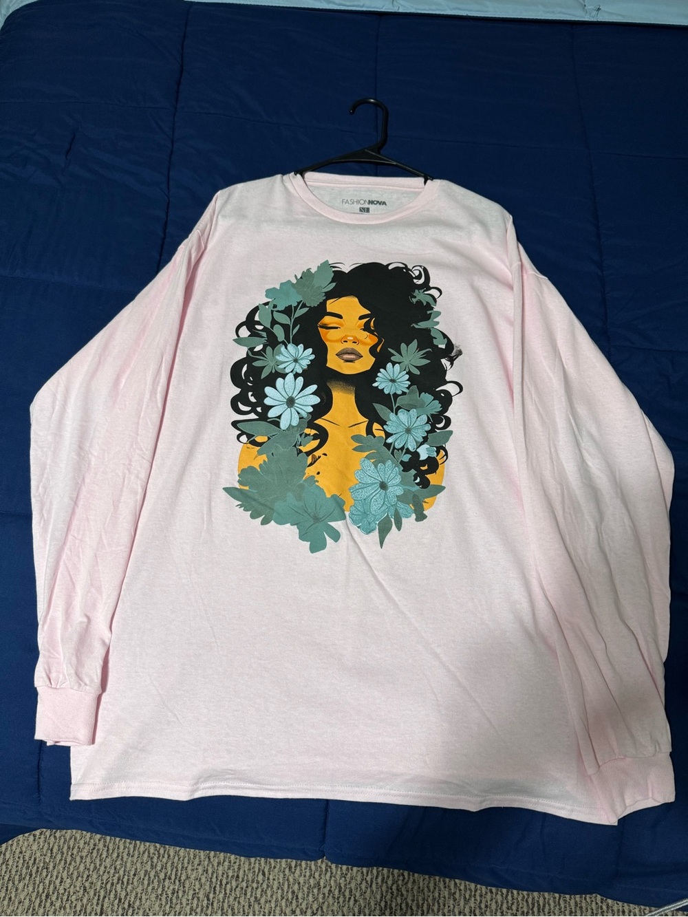 Fashion Nova Pink Long Sleeve Graphic Tee with Floral Portrait